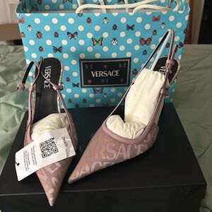 Women’s Versace sling back T.95 Tessuto Jaquard pink and tan